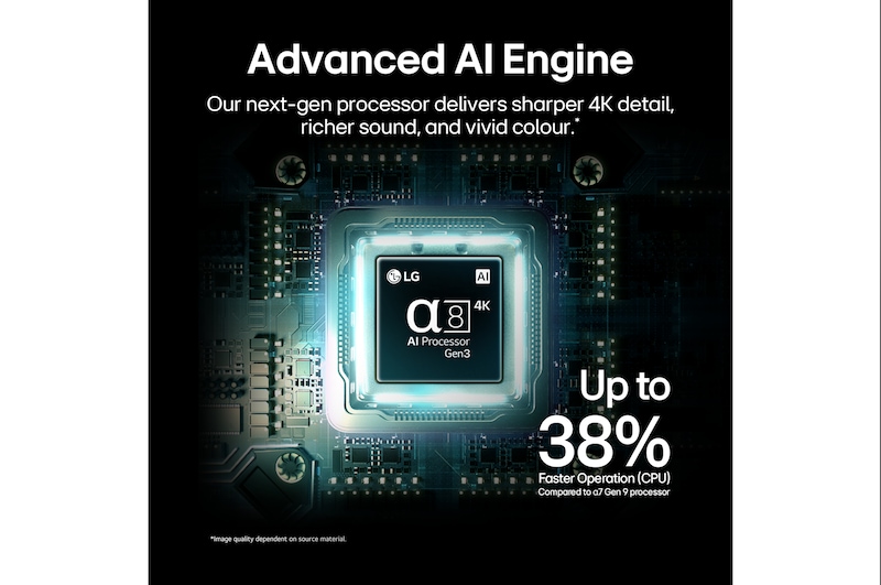 LG QNED evo AI QNED85’s alpha 8 AI Processor 4K Gen3 glows in blue light on a circuit board, highlighting AI processing performance with NPU up to x5.0 faster, CPU 10% faster processing, and 20% larger memory capacity.