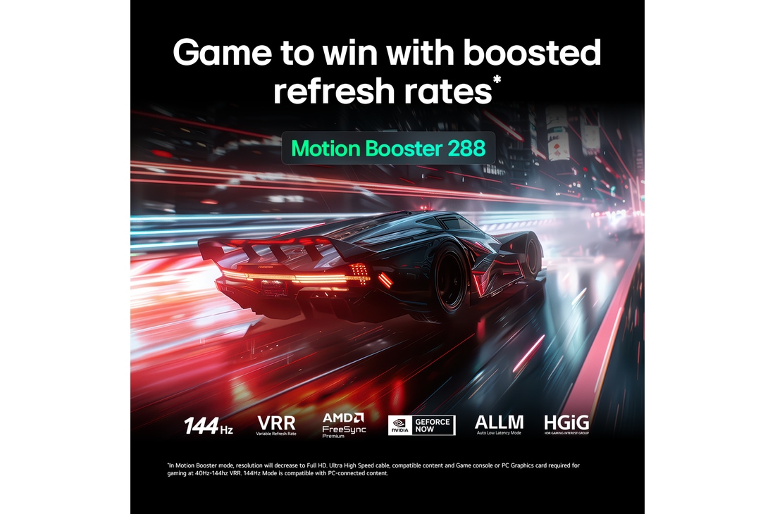 LG QNED evo AI QNED85 for Ultimate Gameplay shows a vibrant, high-speed racing scene with a blurred comparison inset highlighting Motion Booster 288, while supporting 144Hz, VRR, AMD FreeSync, ALLM, HGiG, and GeForce NOW.
