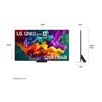 LG QNED evo AI QNED85 shown in front and side views highlights an 86-inch display with a 1928 mm-wide screen, 1108 mm screen height, 1175 mm height with stand, a 30.9 mm slim profile depth, and a stand footprint measuring 1582/524 by 359 mm.