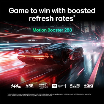 LG QNED evo AI QNED85 for Ultimate Gameplay shows a vibrant, high-speed racing scene with a blurred comparison inset highlighting Motion Booster 288, while supporting 144Hz, VRR, AMD FreeSync, ALLM, HGiG, and GeForce NOW.