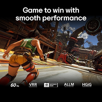 LG QNED AI QNED70 Mini LED for Ultimate Gameplay shows a fast-paced action game scene with a comparison inset highlighting smoother motion, while supporting up to 60Hz, VRR, AMD FreeSync, ALLM, HGiG, and GeForce NOW.