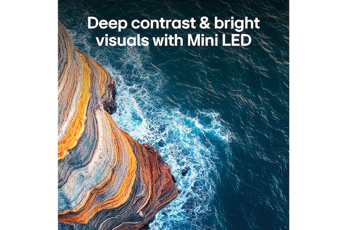 LG QNED AI QNED70 Mini LED highlights how its Mini LED reveals sharper rock textures and clearer ocean detail than conventional LED in a split coastal cliff scene, delivering deeper blacks and more refined contrast for greater clarity and depth.