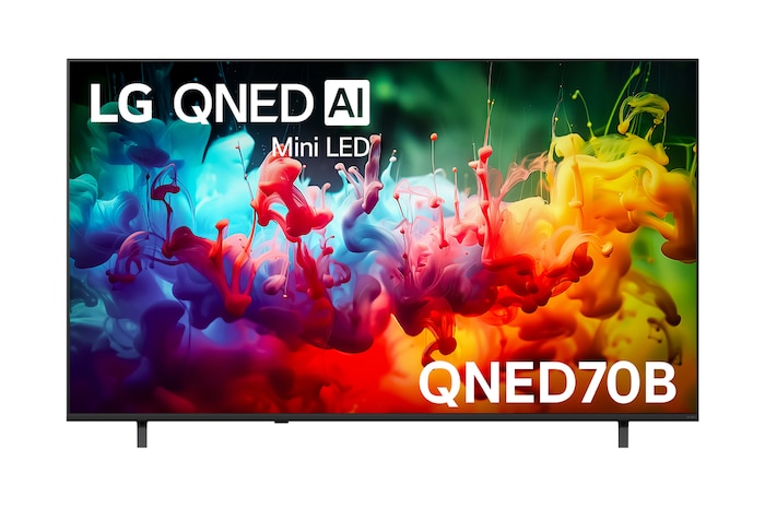 The front view of the LG QNED AI QNED70 Mini LED, released in 2026, displays vivid, fluid splashes of multicolored motion, featuring Dynamic QNED Color, Mini LED, an α7 AI Processor 4K Gen9, webOS, and an 85-inch display.