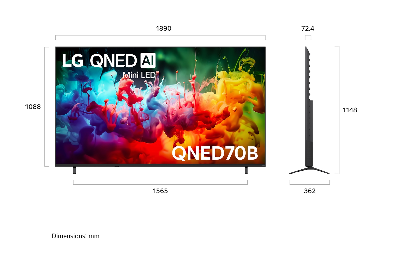 LG QNED AI QNED70 Mini LED shown in front and side views highlights an 85-inch display with a 1890 mm-wide screen, 1088 mm screen height, 1148 mm height with stand, a 72.4 mm profile depth, and a stand footprint measuring 1565 by 362 mm.