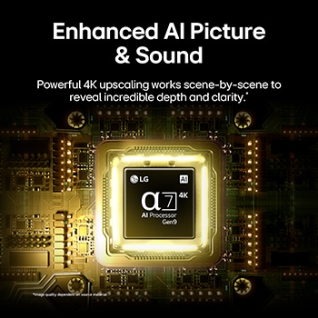 LG QNED AI QNED70 Mini LED’s alpha 7 AI Processor 4K Gen9 glows at the center of a yellow circuit board, highlighting smarter, more powerful AI processing that enhances 4K image clarity with improved contrast and depth.