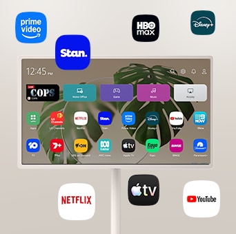 LG StanbyME 2 Max LX6 Movable Screen with Various OTT Services displays streaming app interfaces like Netflix and YouTube on and around the screen, representing access to diverse contents including dramas, movies, and music.