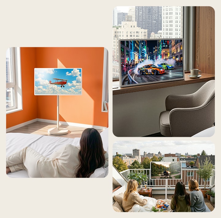 LG StanbyME 2 Max LX6 Movable Screen with a 32-inch screen shows a ferris wheel image, where the larger display enhances scale and visual clarity for a more immersive viewing experience in an indoor setting.