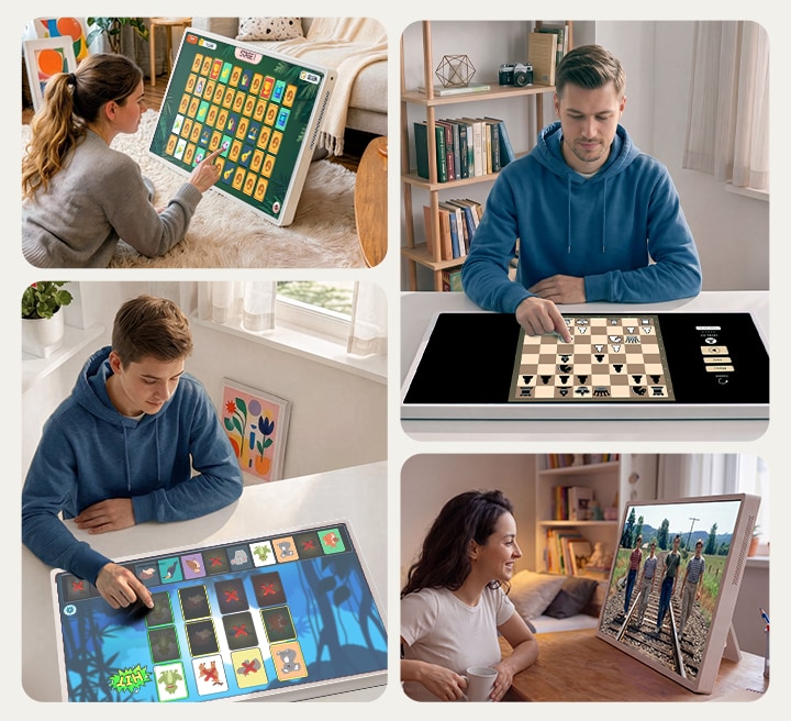 LG StanbyME 2 Max LX6 Movable Screen with Interactive Board Games shows users playing Memory Game and Spot the Difference on screen while seated on the floor or at a table, enabling enabling device-free gameplay.