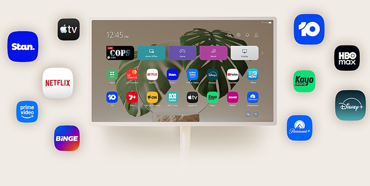 LG StanbyME 2 Max LX6 Movable Screen with Various OTT Services displays streaming app interfaces like Netflix and YouTube on and around the screen, representing access to diverse content including dramas, movies, and music.