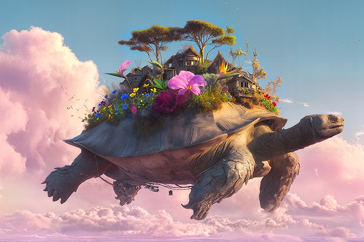 LG StanbyME 2 Max LX6 Movable Screen with AI Super Upscaling shows a split image of a flying turtle with objects on its shell, with one side blurred and the other clear, demonstrating enhanced clarity and refined 4K-level detail.