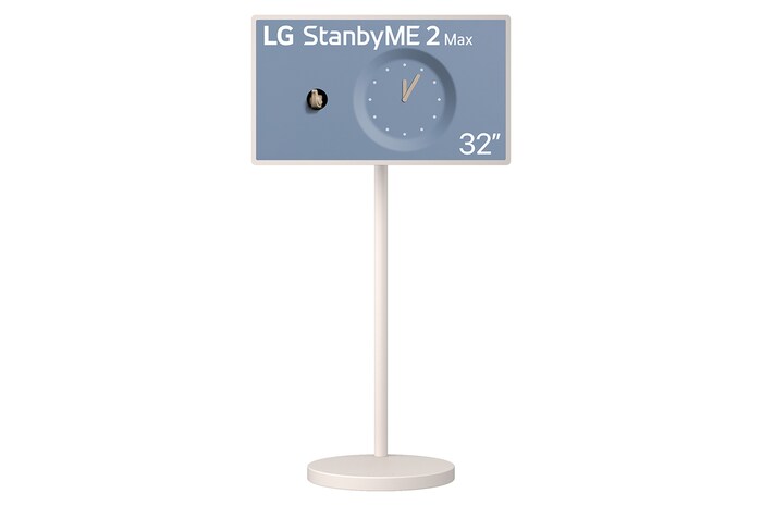 LG StanbyME 2 Max LX6 Movable Screen with a detachable and super portable design is shown on a stand displaying a clock interface, highlighting versatile placement and seamless décor integration.