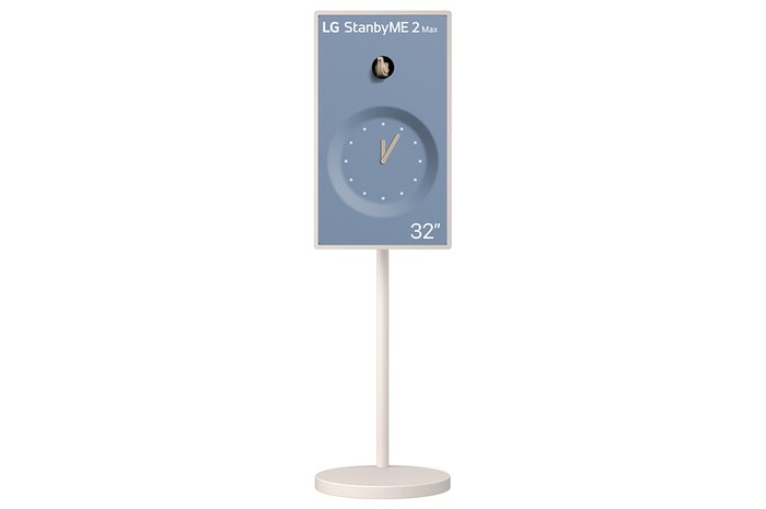 LG StanbyME 2 Max LX6 Movable Screen with a detachable and super portable design is shown on a stand displaying a clock interface, highlighting versatile placement and seamless décor integration.