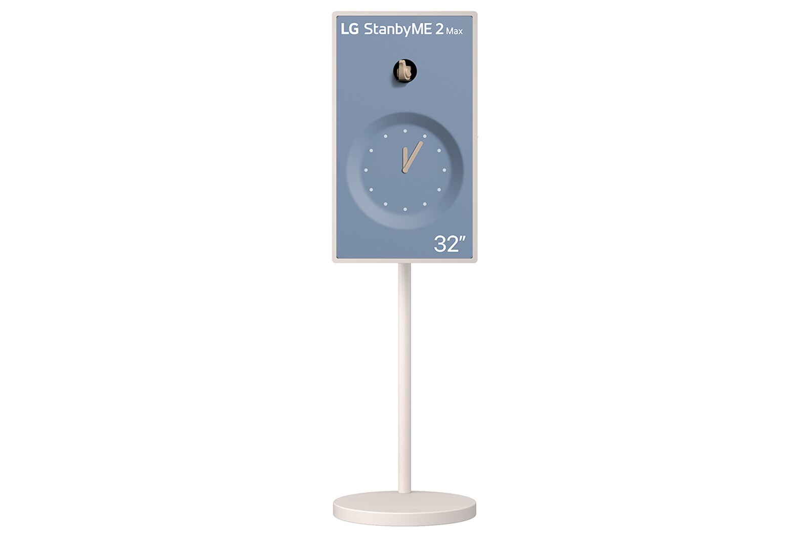 LG StanbyME 2 Max LX6 Movable Screen with a detachable and super portable design is shown on a stand displaying a clock interface, highlighting versatile placement and seamless décor integration.