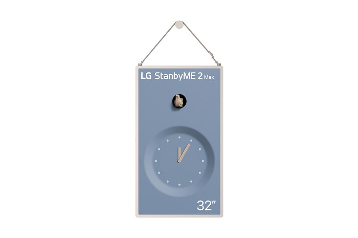 LG StanbyME 2 Max LX6 Movable Screen with a detachable and super portable design is shown on a stand displaying a clock interface, highlighting versatile placement and seamless décor integration.