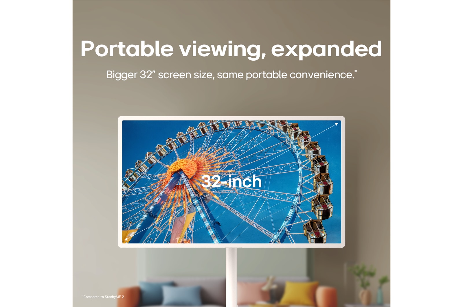 LG StanbyME 2 Max LX6 Movable Screen with a 32-inch screen shows a ferris wheel image, where the larger display enhances scale and visual clarity for a deeper immersion.