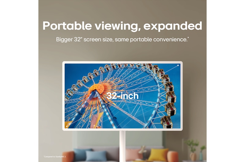 LG StanbyME 2 Max LX6 Movable Screen with a 32-inch screen shows a ferris wheel image, where the larger display enhances scale and visual clarity for a deeper immersion.