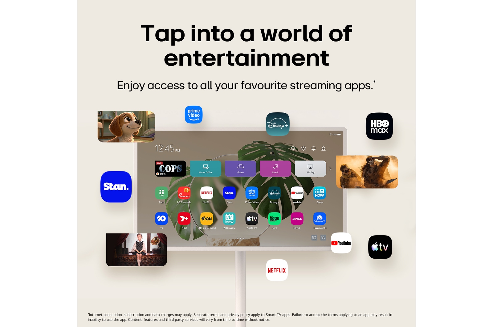 LG StanbyME 2 Max LX6 Movable Screen with Various OTT Services displays streaming app interfaces like Netflix and YouTube on and around the screen, representing access to diverse contents including dramas, movies, and music.