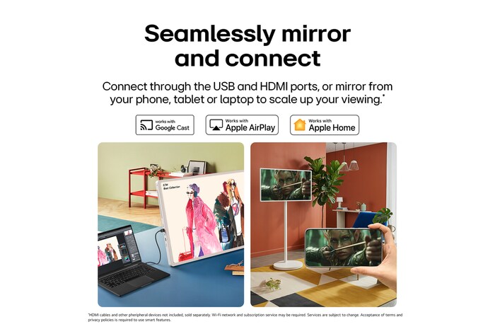 LG StanbyME 2 Max LX6 Movable Screen highlights more ways to share your screen with Mirroring & Connectivity, displaying meeting materials via HDMI and seamlessly mirroring content with Google Cast, Apple AirPlay, and Apple Home support.