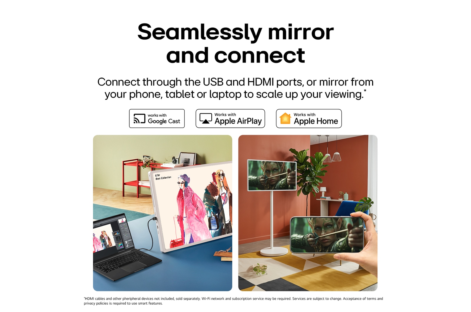 LG StanbyME 2 Max LX6 Movable Screen highlights more ways to share your screen with Mirroring & Connectivity, displaying meeting materials via HDMI and seamlessly mirroring content with Google Cast, Apple AirPlay, and Apple Home support.