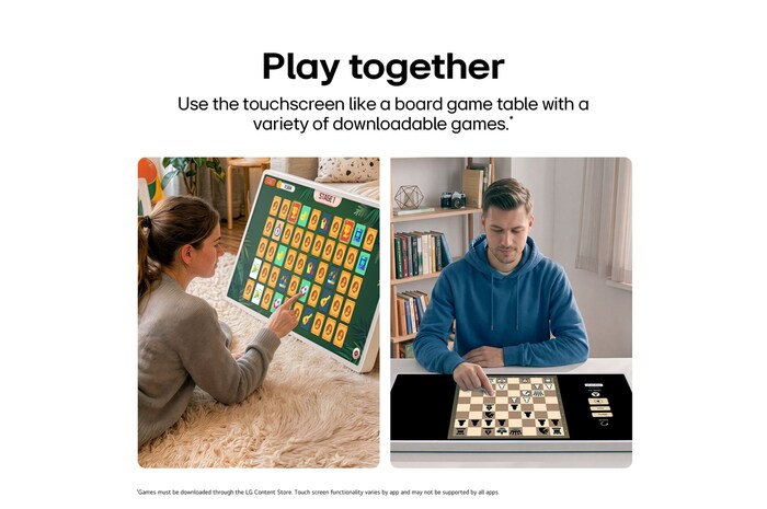 LG StanbyME 2 Max LX6 Movable Screen with Interactive Board Games shows users enjoying interactive touch-based board games together, highlighting engaging gameplay and shared entertainment on a large display.