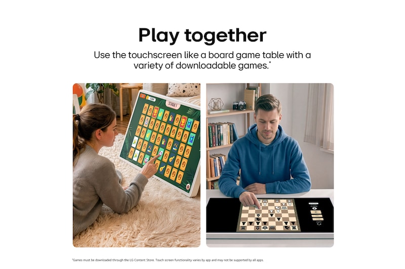 LG StanbyME 2 Max LX6 Movable Screen with Interactive Board Games shows users enjoying interactive touch-based board games together, highlighting engaging gameplay and shared entertainment on a large display.