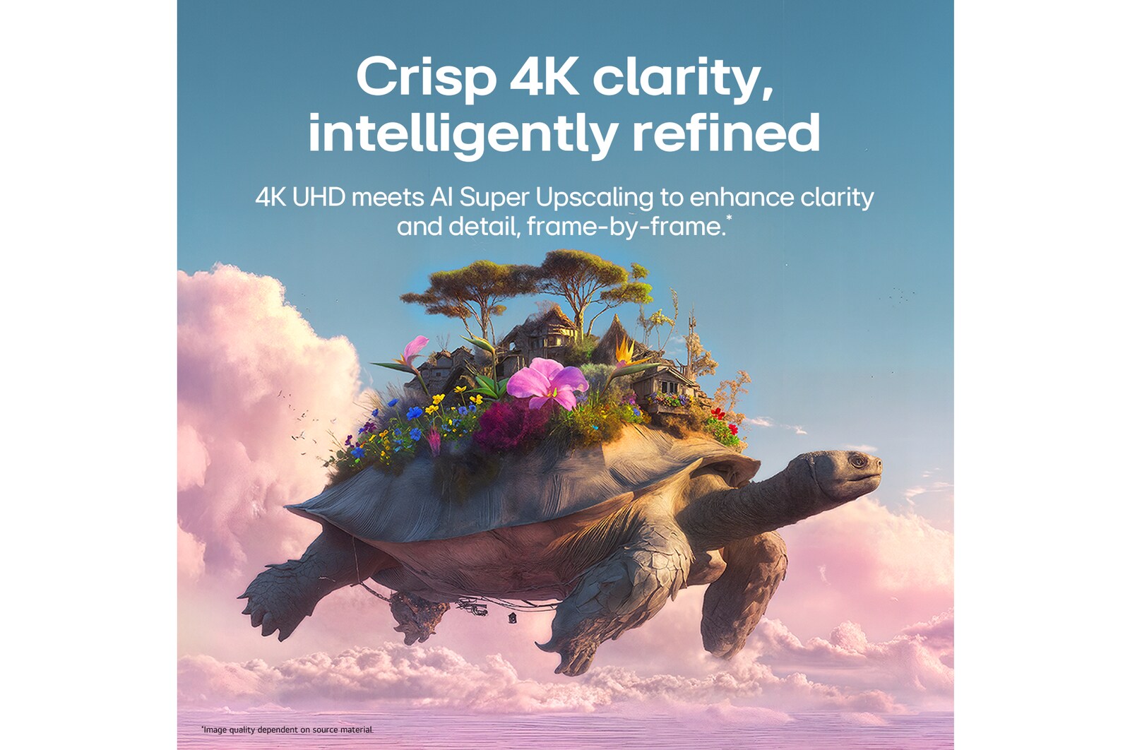 LG StanbyME 2 Max LX6 Movable Screen with AI Super Upscaling shows a split image of a flying turtle with objects on its shell, with one side blurred and the other clear, demonstrating enhanced clarity and refined 4K-level detail.