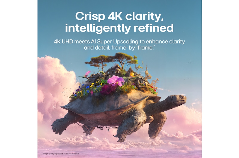 LG StanbyME 2 Max LX6 Movable Screen with AI Super Upscaling shows a split image of a flying turtle with objects on its shell, with one side blurred and the other clear, demonstrating enhanced clarity and refined 4K-level detail.