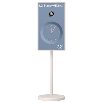 LG StanbyME 2 Max LX6 Movable Screen with a detachable and super portable design is shown on a stand displaying a clock interface, highlighting versatile placement and seamless décor integration.