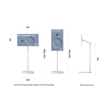 LG StanbyME 2 Max LX6 Movable Screen shown in front and side views features a 32-inch display measuring 724 mm by 421 mm. The total height including the screen is 1108–1308 mm when the screen is horizontal and 1261–1461 mm when the screen is vertical, with a 916 mm stand height.