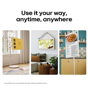 LG StanbyME 2 Max LX6 Movable Screen showcased in multiple home settings, highlighting its detachable and super portable screen for flexible use wherever you are—standing by a window, wall-mounted like décor, or used for viewing content anywhere.