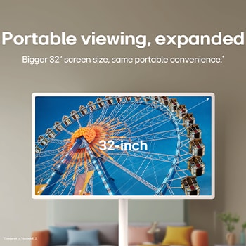 LG StanbyME 2 Max LX6 Movable Screen with a 32-inch screen shows a ferris wheel image, where the larger display enhances scale and visual clarity for a deeper immersion.