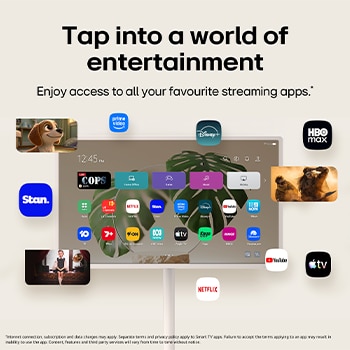LG StanbyME 2 Max LX6 Movable Screen with Various OTT Services displays streaming app interfaces like Netflix and YouTube on and around the screen, representing access to diverse contents including dramas, movies, and music.