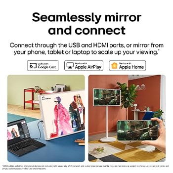 LG StanbyME 2 Max LX6 Movable Screen highlights more ways to share your screen with Mirroring & Connectivity, displaying meeting materials via HDMI and seamlessly mirroring content with Google Cast, Apple AirPlay, and Apple Home support.