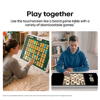 LG StanbyME 2 Max LX6 Movable Screen with Interactive Board Games shows users enjoying interactive touch-based board games together, highlighting engaging gameplay and shared entertainment on a large display.