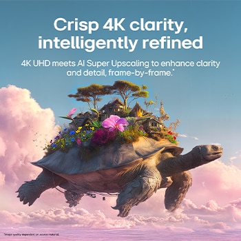 LG StanbyME 2 Max LX6 Movable Screen with AI Super Upscaling shows a split image of a flying turtle with objects on its shell, with one side blurred and the other clear, demonstrating enhanced clarity and refined 4K-level detail.