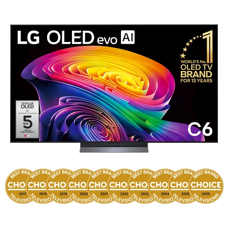 Front view of 65 Inch LG OLED evo AI C6 4K Smart TV 2026 OLED65C6PSA