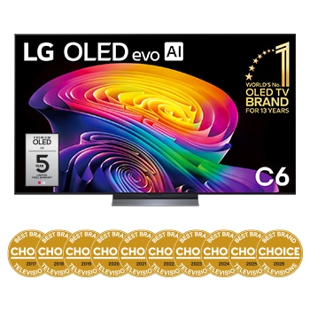 The front view of the LG OLED evo AI C6, released in 2026, displays an image of layered, multicolored forms, featuring Hyper Radiant Color Tech, Perfect Black & Perfect Color, along with the World’s No.1 OLED TV for 13 Years badge.