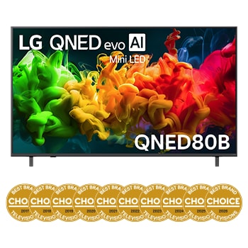 Front view of 65 Inch LG QNED evo AI QNED80 Mini LED 4K Smart TV 2026 65QNED80BSA