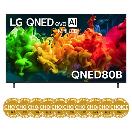 Front view of 75 Inch LG QNED evo AI QNED80 Mini LED 4K Smart TV 2026 75QNED80BSA