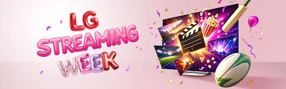 Colorful balloon-style “LG Streaming Week” lettering rises from an open pink gift box, surrounded by ribbons and confetti on a soft pink background.