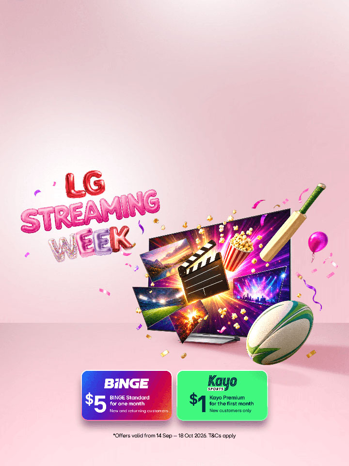Colorful balloon-style “LG Streaming Week” lettering rises from an open pink gift box, surrounded by ribbons and confetti on a soft pink background.