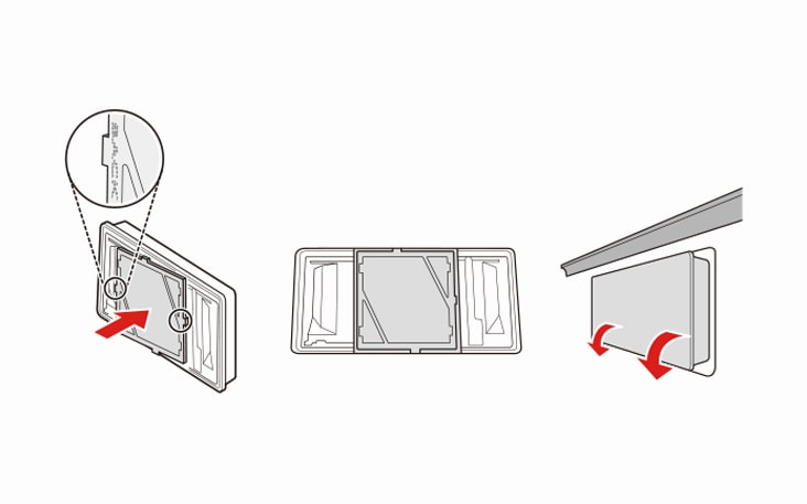 Insert the side tab of the new filter into the slot on the side of the central cover compartment Snap the other side of the filter down into place It may help to press the side of the central compartment outward while pressing down on the filter Make sure the side of the filter labeled Back is facing out Snap the cover of the filter back onto the filter compartment in the refrigerator After changing the filter push and hold the Ice Plus and Air Filter button for three seconds to reset the filter sensor