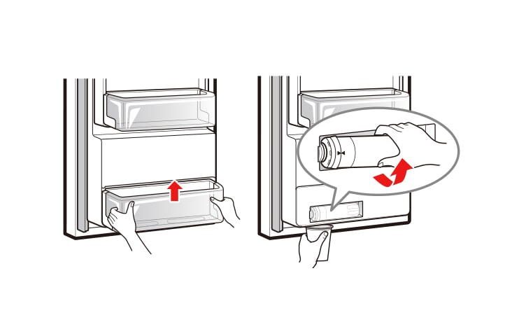 Lift up and remove the lower door bin from the Left hand Fridge door Swing the right end of the water filter out of the compartment and then grasp and rotate the filter counterclockwise to remove it from the filter head