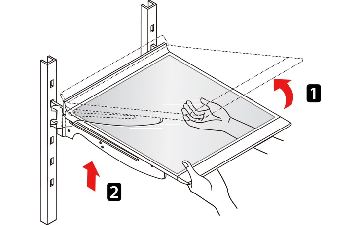 If the top shelf located below the water filter is in the highest position it will need to be removed prior to replacing the water filter To remove any shelf Tilt up the front of the shelf 1 and lift it 2 Pull the shelf out