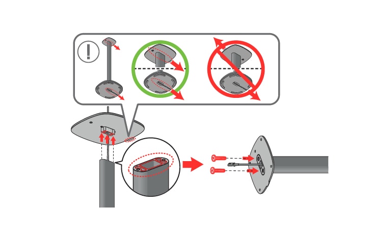 Insert the power cord through the center hole of the top plate as shown in the image Align the protrusion of the top plate with the power cord groove on the bottom of the stand base and attach the top plate to the stand pole Then, firmly secure the connection using two screws M4 by 15 mm