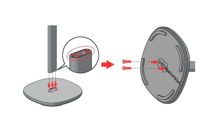 Attach the stand pole to the stand base, then firmly secure the connection using two screws size M4 by 15 mm	