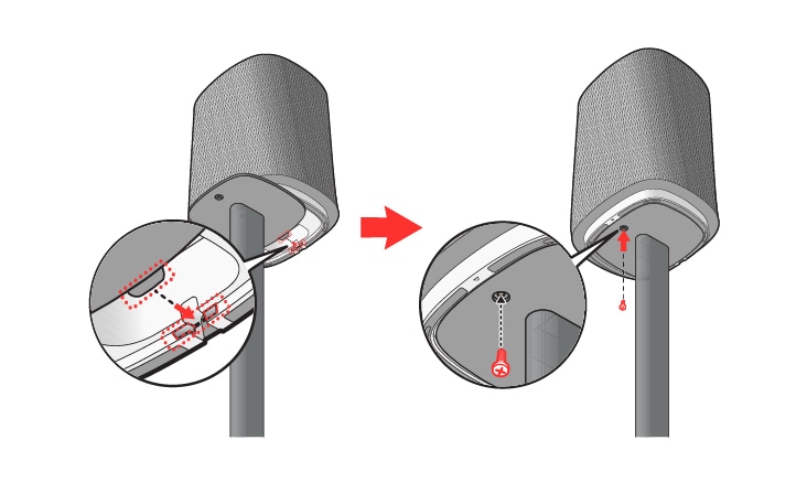 Place the speaker on the top plate and insert the marked protrusion of the top plate into the groove of the speaker as shown in the image Then, firmly secure the speaker to the top plate using the screw M4 by 8 mm