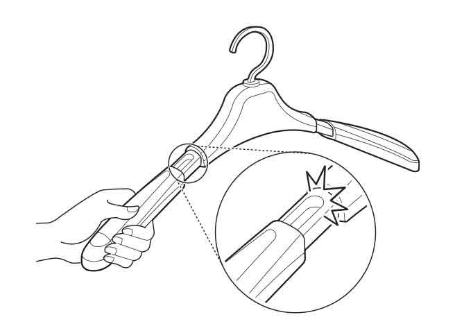 Fully extend both sides of the hanger before use If only one side is extended the hanger may fall off during the moving hanger is operation. When adjusting the hanger hold and pull the end of the wing section Holding near the joint may cause finger pinching or other injuries