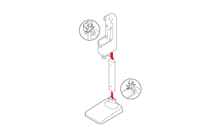 Place the floor stand dock on the floor and assemble the floor stand pipe and charging station in order