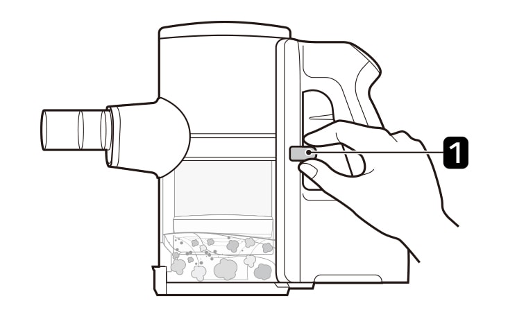 A person removes the battery from the vacuum cleaner body before cleaning the dust bin. They press the Kompressor lever several times to gather and compress dust from the outside of the cyclonic mesh filter and the inner walls of the dust bin. If any foreign objects are stuck in the cyclonic mesh filter and cannot be removed with the lever, the filter is detached and cleaned thoroughly using a cleaning brush or similar tool